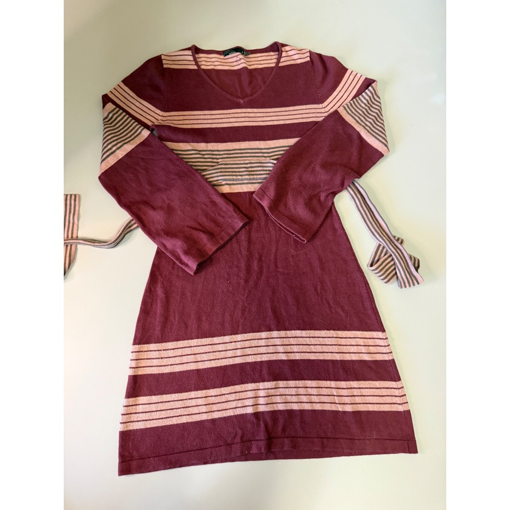 Prana Breathe Burgundy Striped V-Neck Sweater Dress with Belt Small
